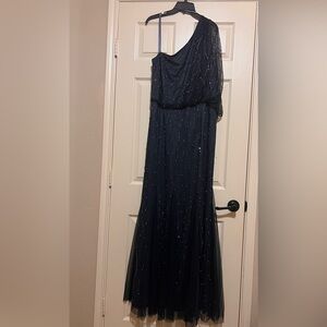 Draped One Shoulder Dress With Beaded Detail in Navy